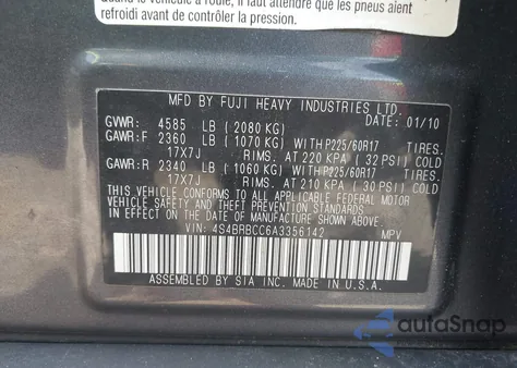 2010 Subaru Outback 2.5I Premium from USA, damaged, VIN 4S4BRBCC6A3356142